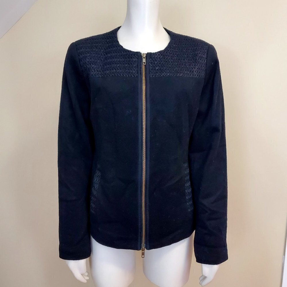 EILEEN FISHER Contrast Woven shoulder Black Wool Jacket Zip Up Sz S